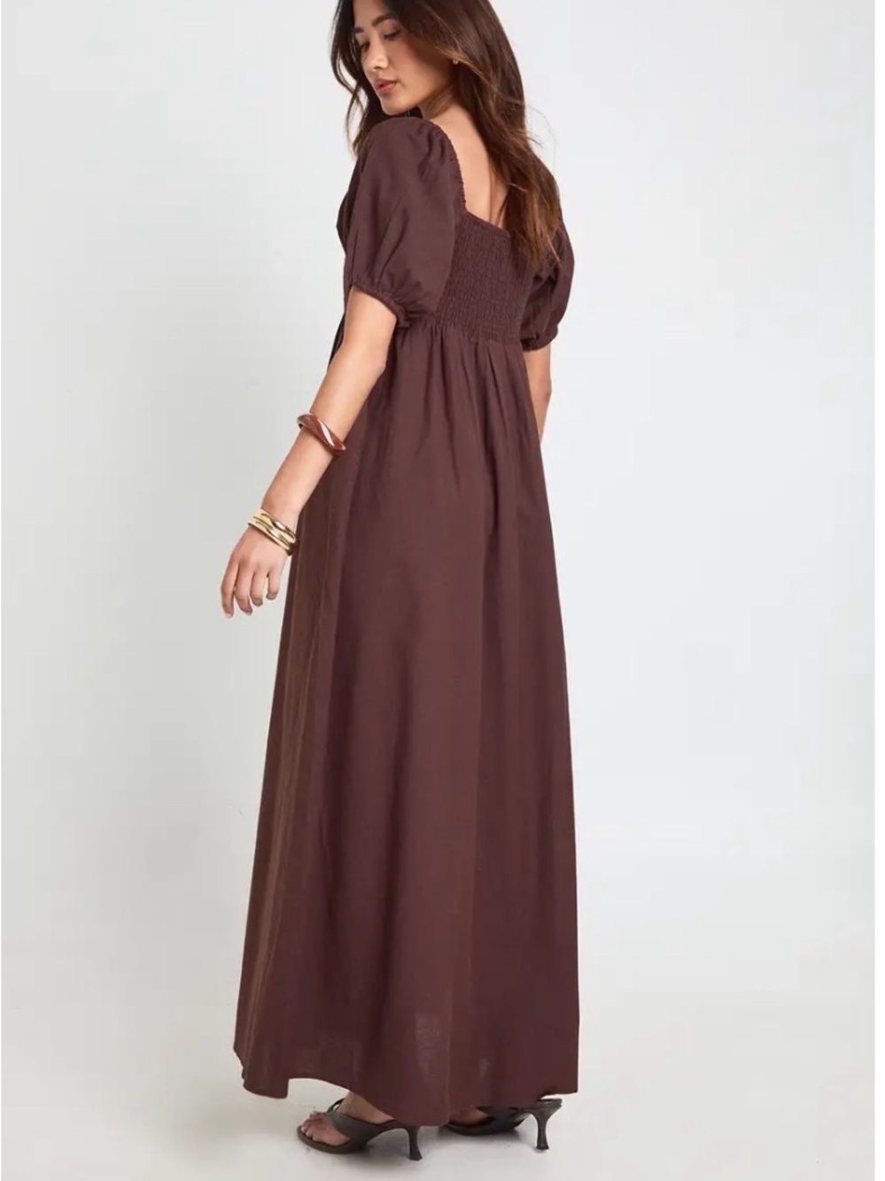 Boohoo Linen Puff Sleeve Shirred Maxi Dress Brown, 10
